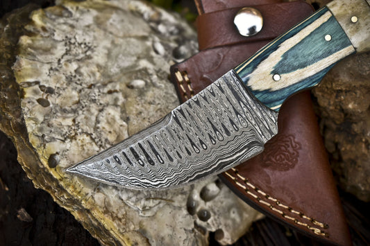 Ladder Damascus Skinner Knife with Bone and Wood Handle – 9 Inch Handmade Hunting Gift