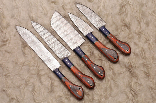 Custom Handmade Damascus Steel 5-Piece Chef Knife Set | Wood Handle Kitchen Knives