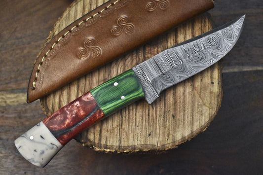 8" Handmade Twist Damascus Skinner Knife Corian Handle Wooden Bolster Sports Unique