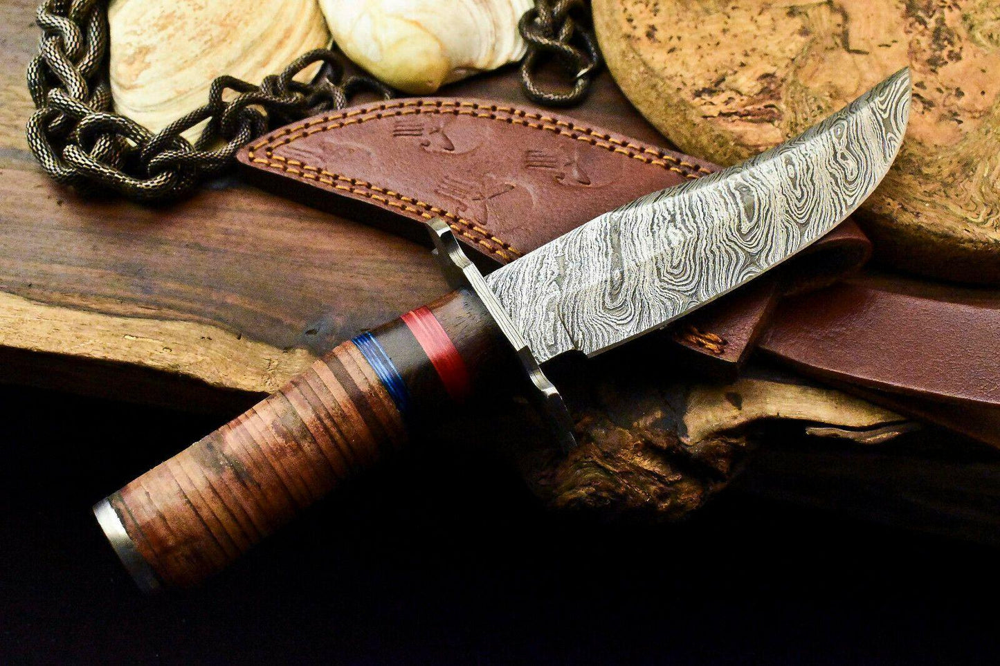 10.5" Damascus Steel Bowie Knife – Stacked Leather Handle & Leather Sheath