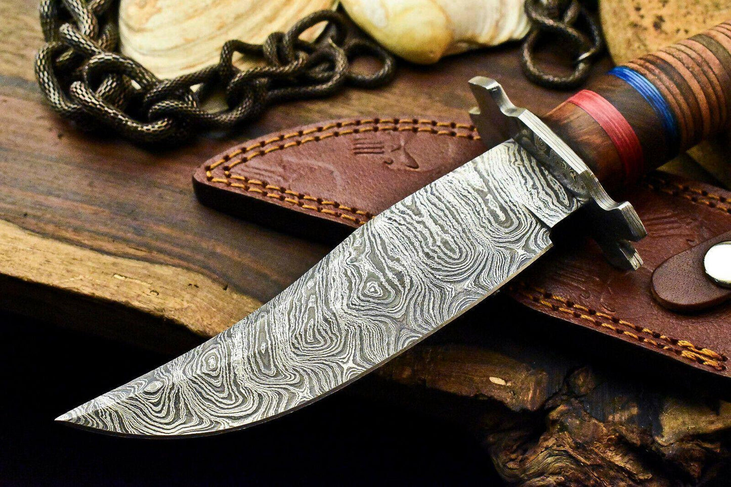 10.5" Damascus Steel Bowie Knife – Stacked Leather Handle & Leather Sheath
