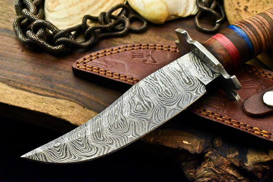10.5" Damascus Steel Bowie Knife – Stacked Leather Handle & Leather Sheath
