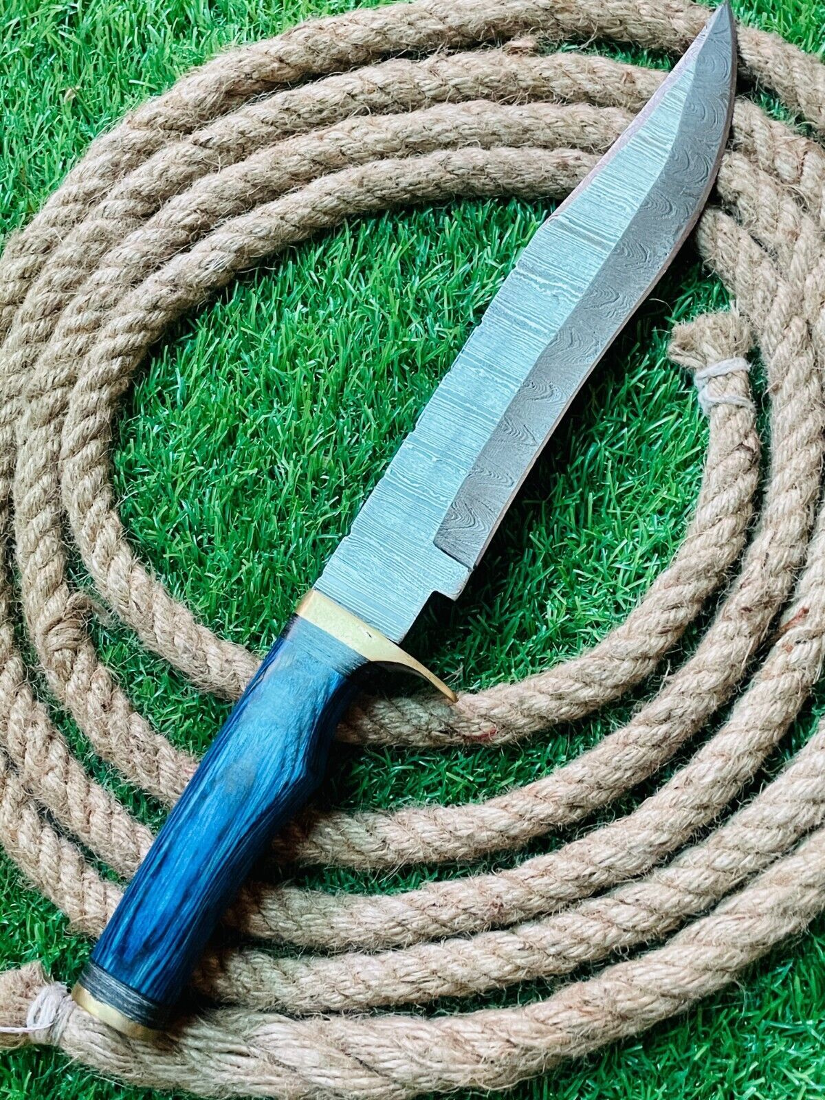 Heritage Forge 15 Inch Damascus Steel Bowie Knife Brass and Wood Handle with Leather Sheath