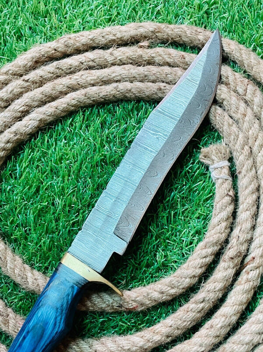 Heritage Forge 15 Inch Damascus Steel Bowie Knife Brass and Wood Handle with Leather Sheath