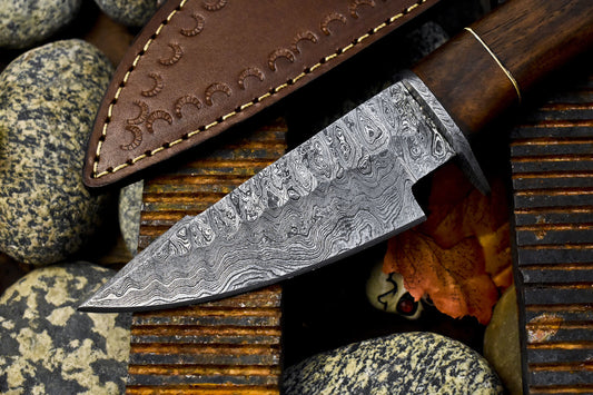 10" Handmade Skinner Knife Rain Drop Damascus with Walnut Wood Handle | Outdoor Hunting Blade