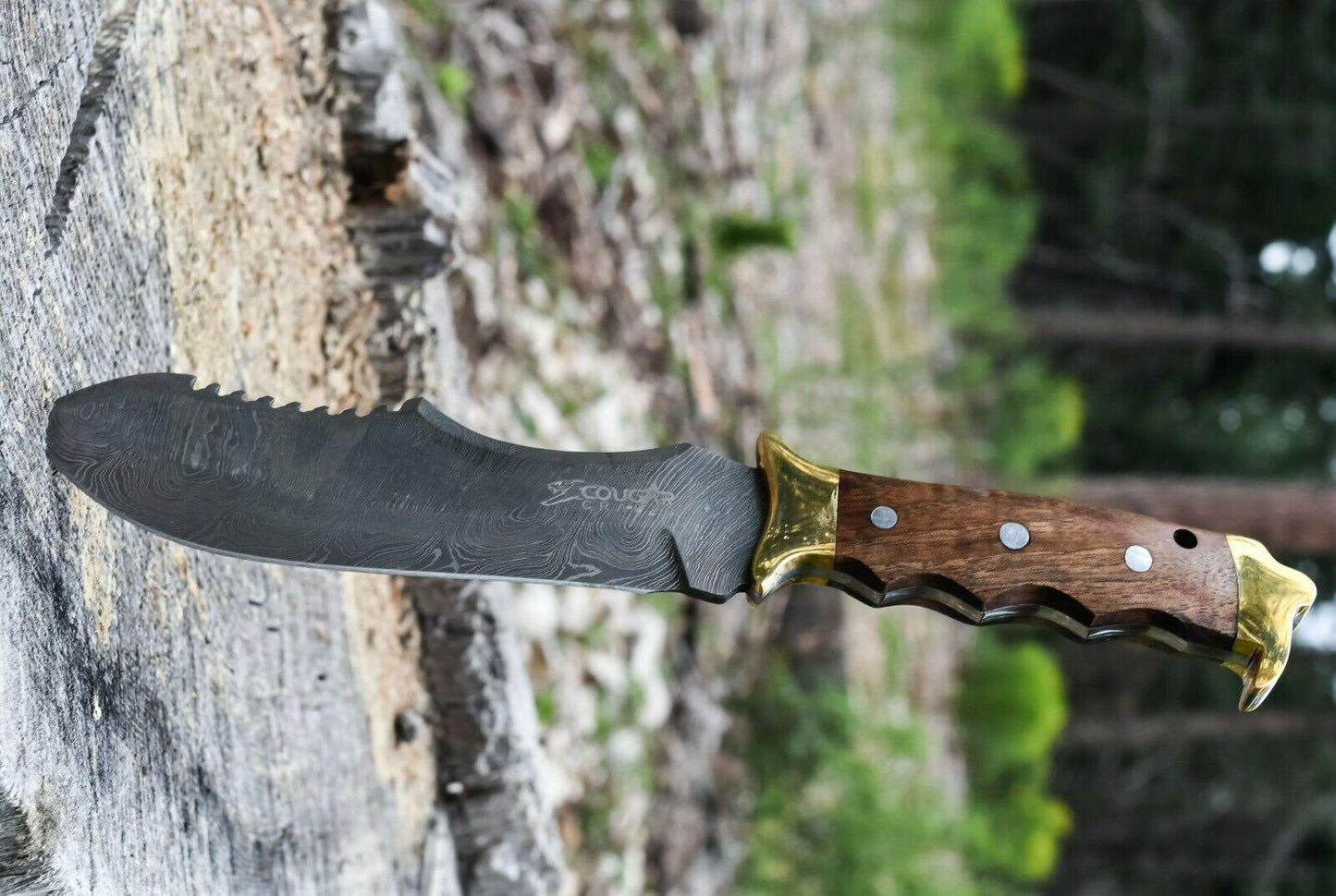 11 Inch Custom Damascus Steel Hunting and Skinning Knife with Wood Handle