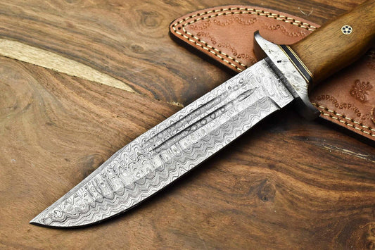 Heritage Forge Highland Crest Damascus Bowie Knife with Walnut Wood Handle