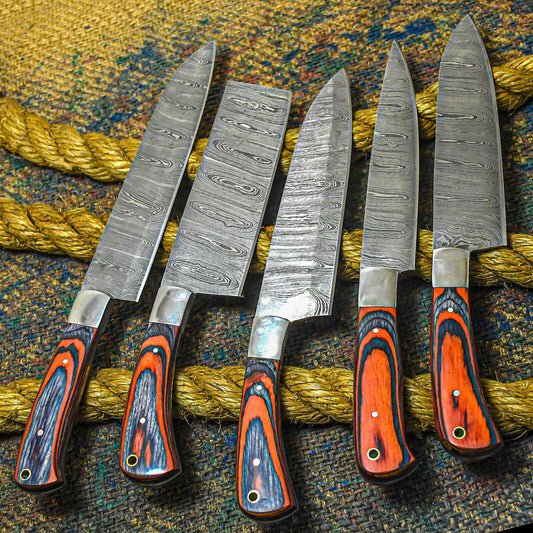 Custom Handmade Damascus Chef Knife Set | Colored Wood Handle
