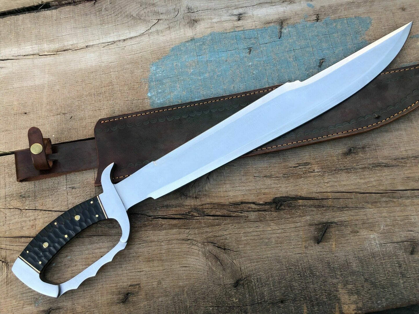 Heritage Forge 26 Inch D2 Steel Bowie Knife with Bull Horn Handle and Leather Sheath