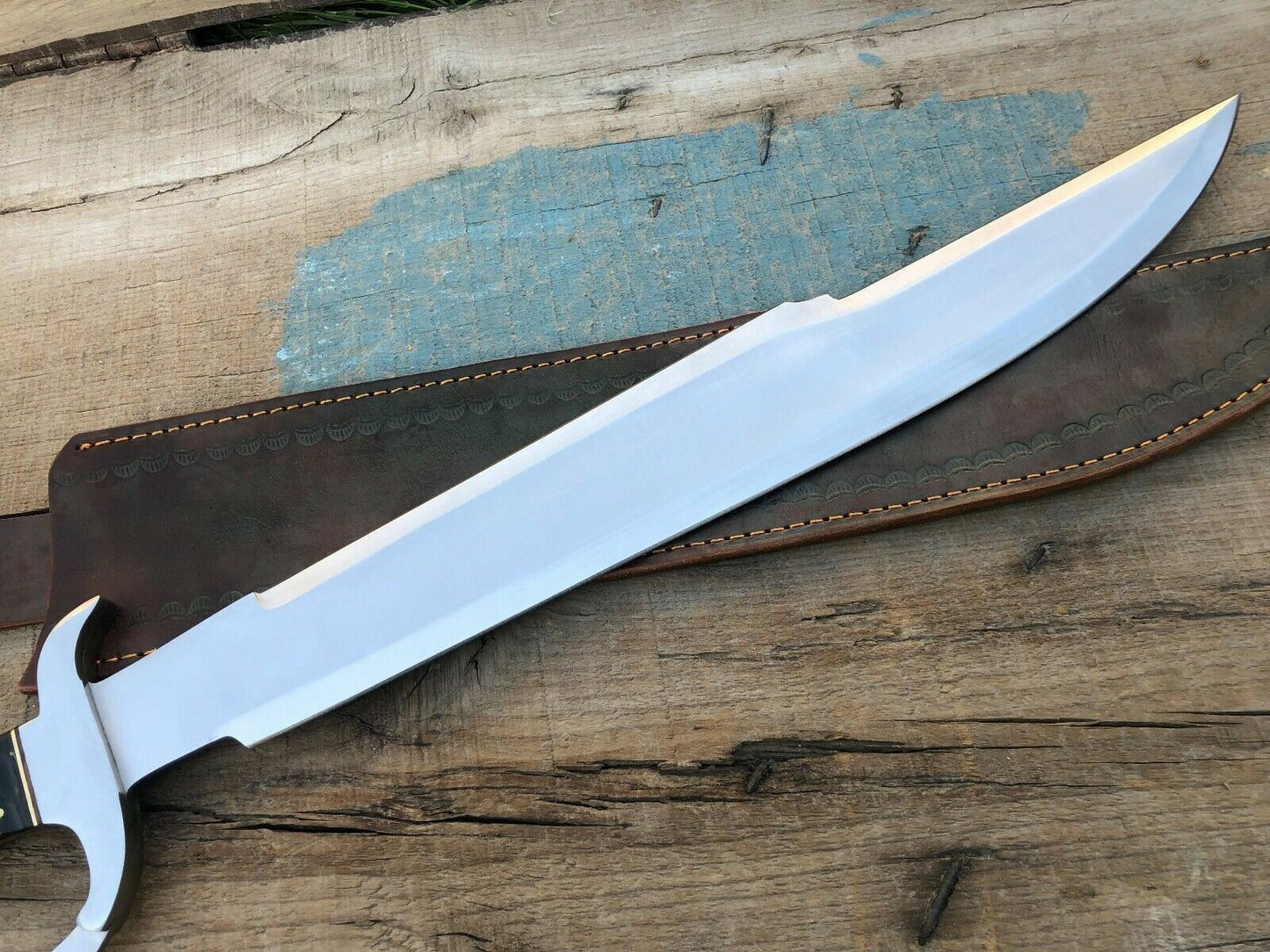 Heritage Forge 26 Inch D2 Steel Bowie Knife with Bull Horn Handle and Leather Sheath