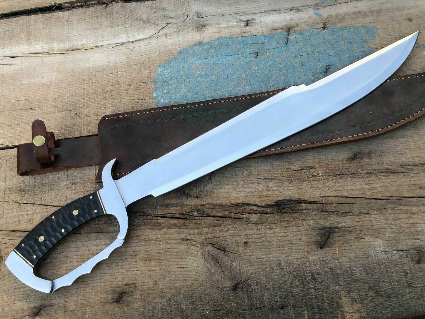 Heritage Forge 26 Inch D2 Steel Bowie Knife with Bull Horn Handle and Leather Sheath