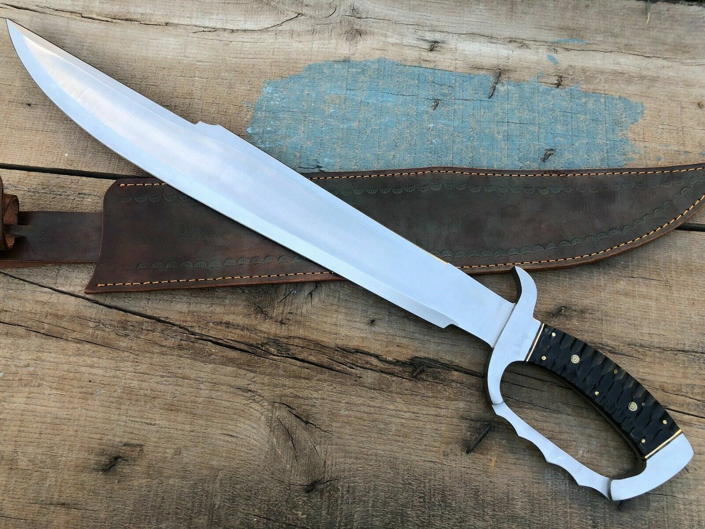 Heritage Forge 26 Inch D2 Steel Bowie Knife with Bull Horn Handle and Leather Sheath