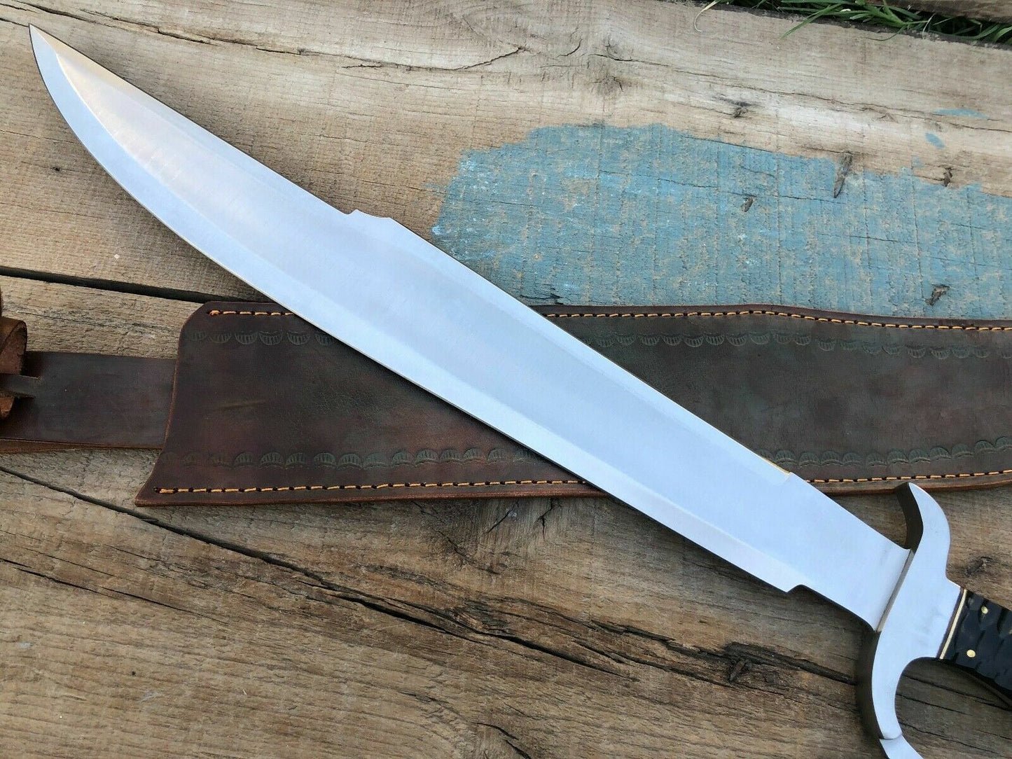 Heritage Forge 26 Inch D2 Steel Bowie Knife with Bull Horn Handle and Leather Sheath