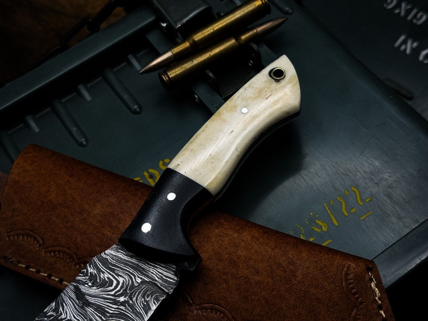 Handmade Damascus Steel Chef Cleaver Knife, Camel Bone Handle, Leather Sheath