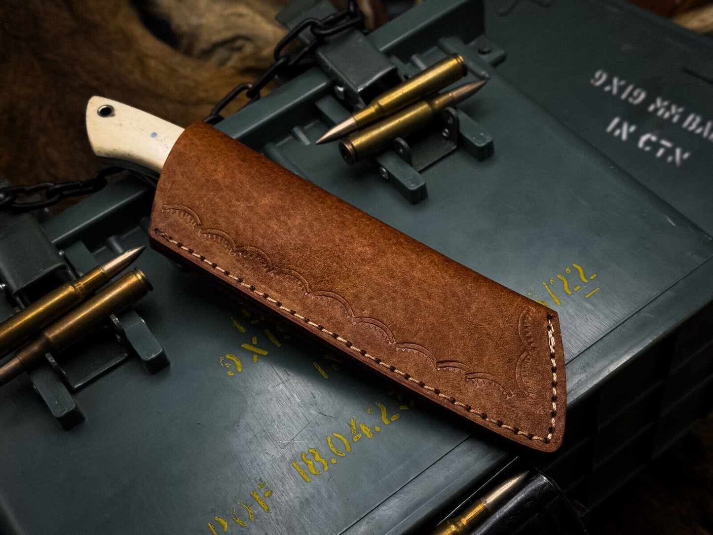 Handmade Damascus Steel Chef Cleaver Knife, Camel Bone Handle, Leather Sheath