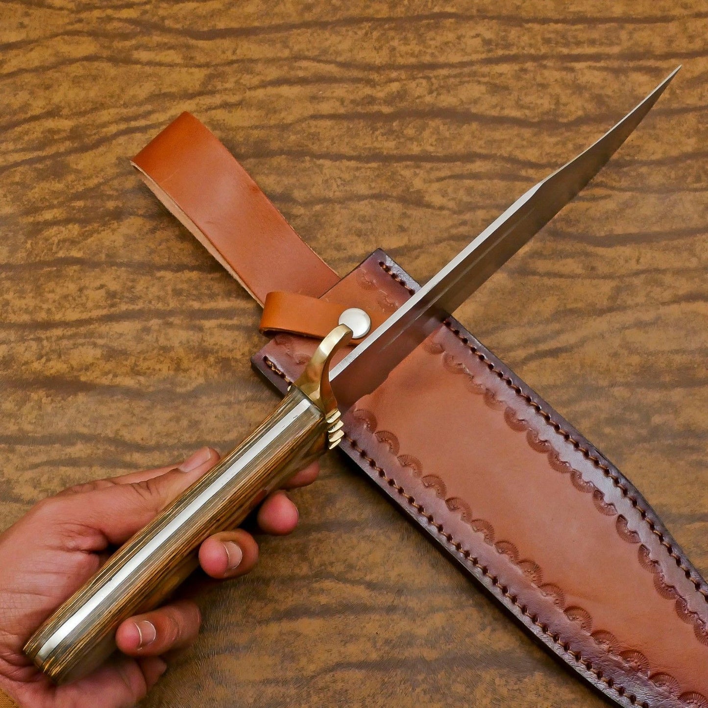 Handcrafted 12-Inch D2 Steel Full Tang Bowie Hunting Knife – Pakka Wood Handle