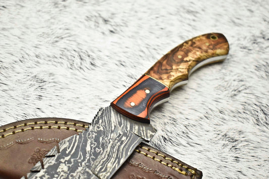 10" Handmade Damascus Steel Tracker Knife | Hardwood Handle & Leather Sheath