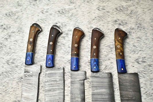 Lot Of 5 Handmade Damascus Hammered Full Tang Chef Set Knife