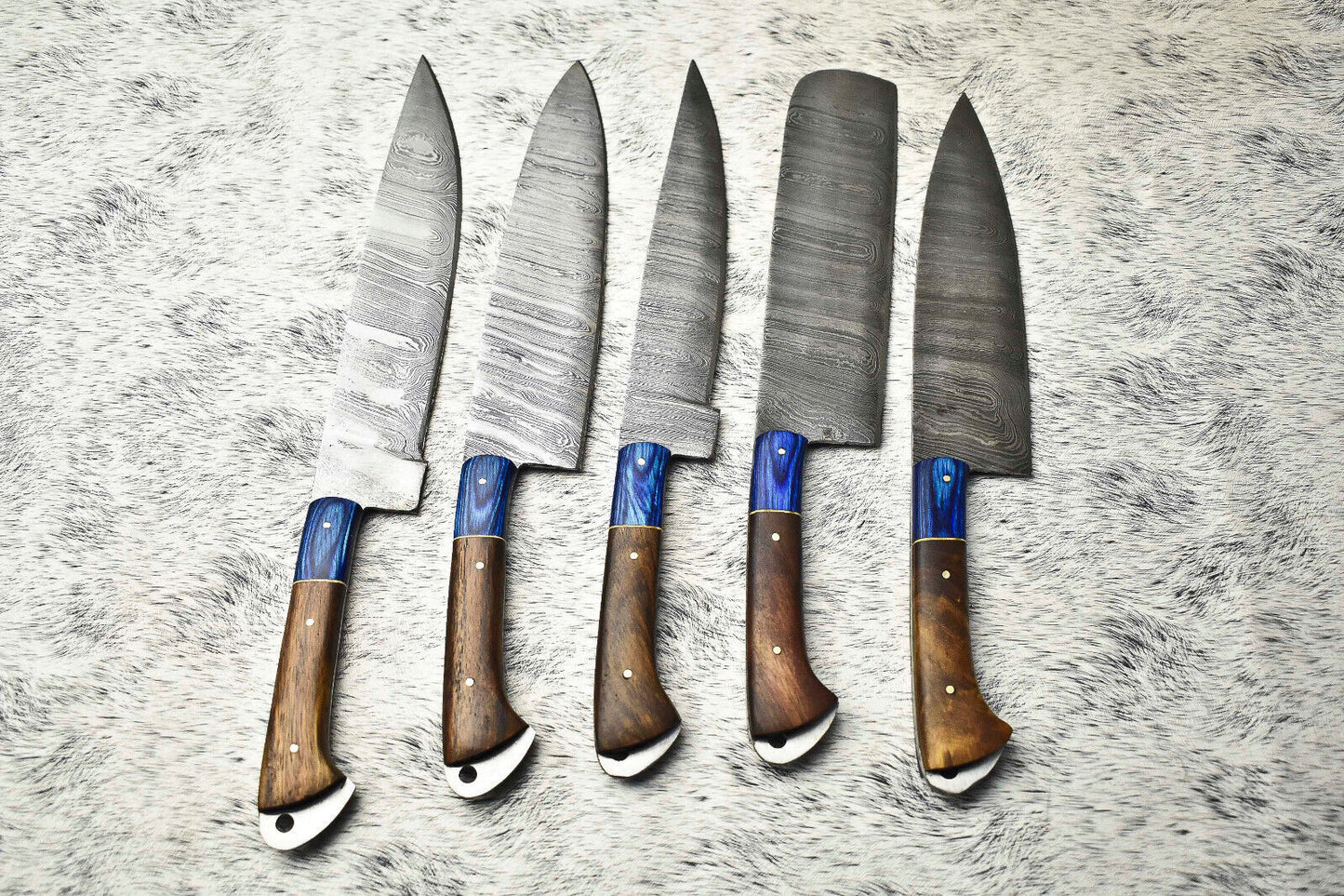 Lot Of 5 Handmade Damascus Hammered Full Tang Chef Set Knife