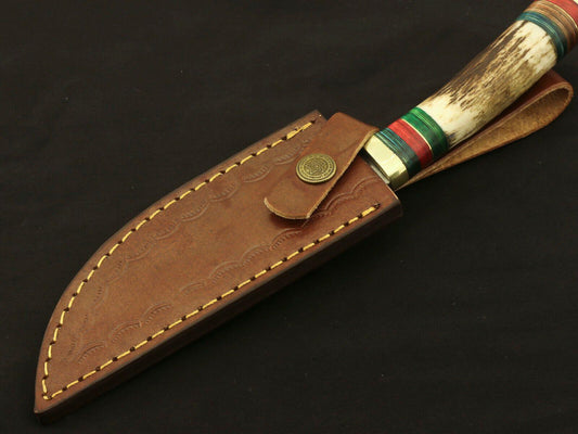 9.75" Custom Damascus Bowie Knife – Stag & Pakka Wood Handle