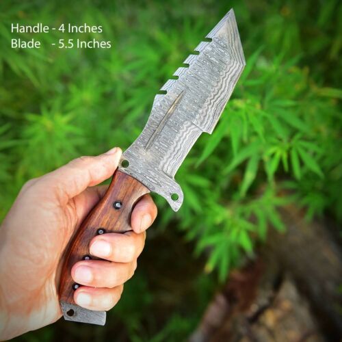 Handmade Damascus Steel Tracker Military Tactical Hunting Survival Knife – Full Tang with Leather Sheath