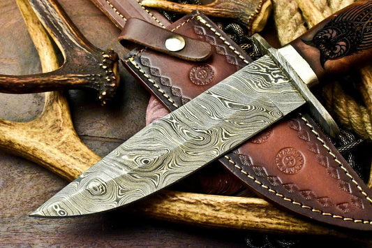 13.5" Custom Damascus Steel Bowie Knife with Walnut Wood Handle & Leather Sheath