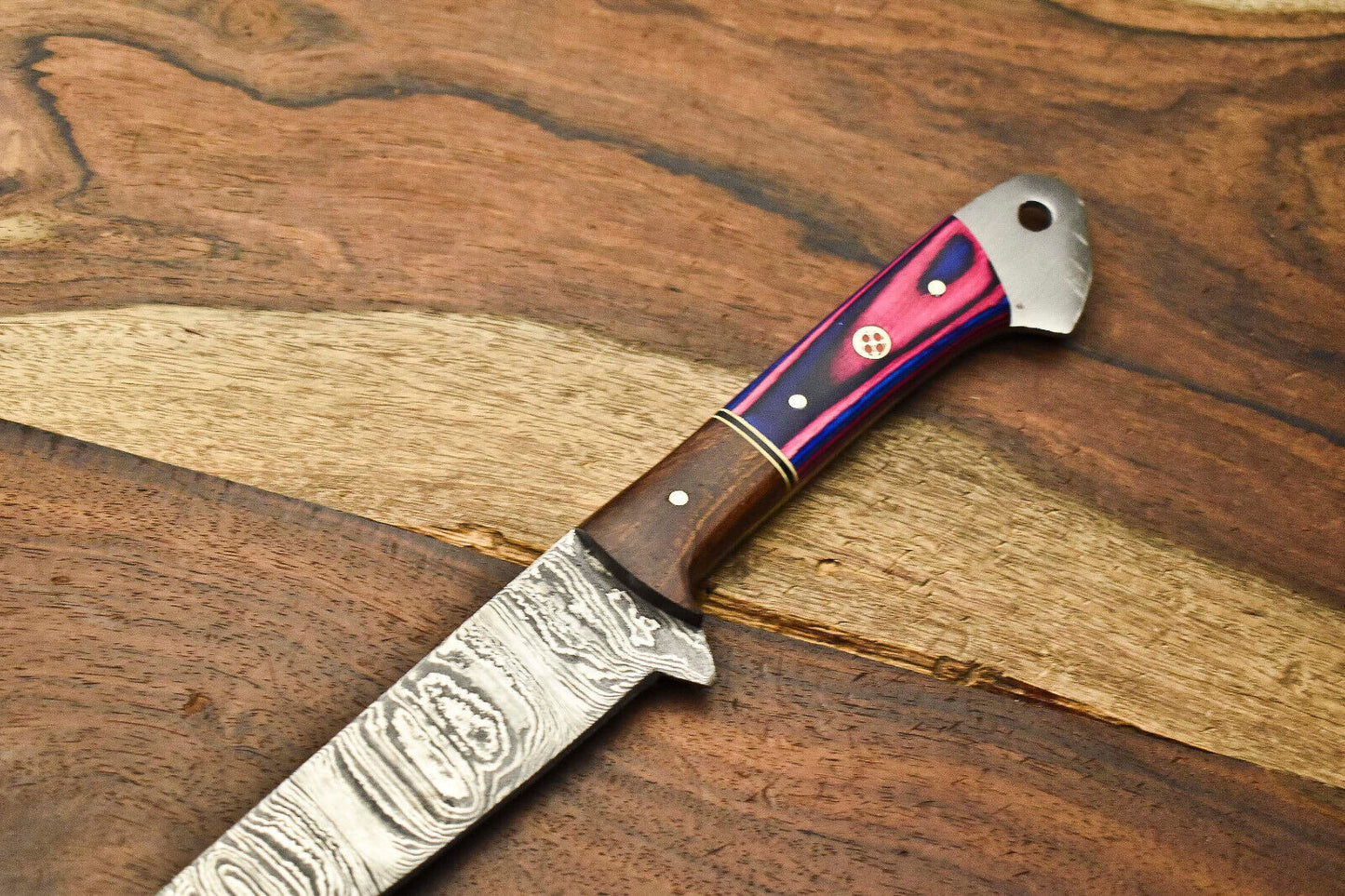"14'' Handmade Damascus Steel Chef Knife with Pakka Wood Handle & Leather Sheath – Kitchen Cooking Knife"