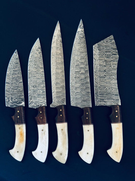 5-Piece Fire Storm Damascus Steel Chef Knife Set – Handmade Kitchen Knives