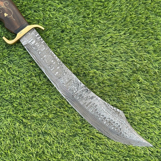 19" Handmade Damascus Bowie Scimitar – Wooden Handle & Leather Sheath