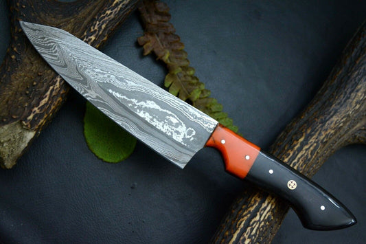 Custom Handmade Damascus Steel Chef Knife – 11" Kitchen Knife with 6.2" Ladder Pattern Blade & Resin Horn Handle