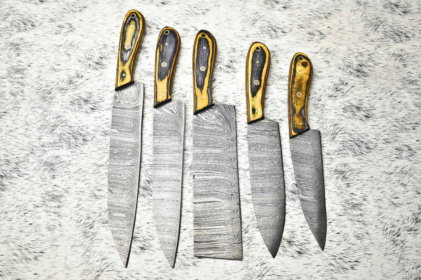 Custom Lot of 5 Handmade Hammered Damascus Steel Blade Chef Knife Set