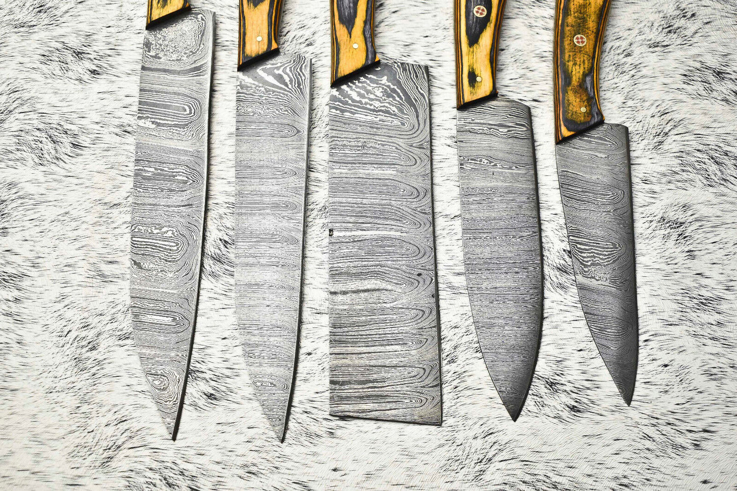 Custom Lot of 5 Handmade Hammered Damascus Steel Blade Chef Knife Set