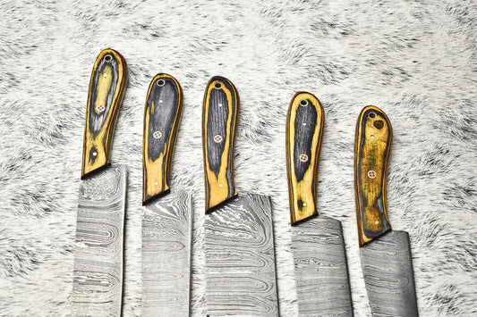 Custom Lot of 5 Handmade Hammered Damascus Steel Blade Chef Knife Set