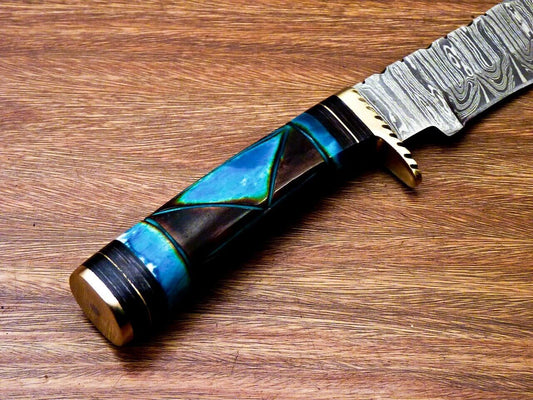 10" Handmade Damascus Steel Bowie Hunting Knife – Camel Bone & Hardwood Handle