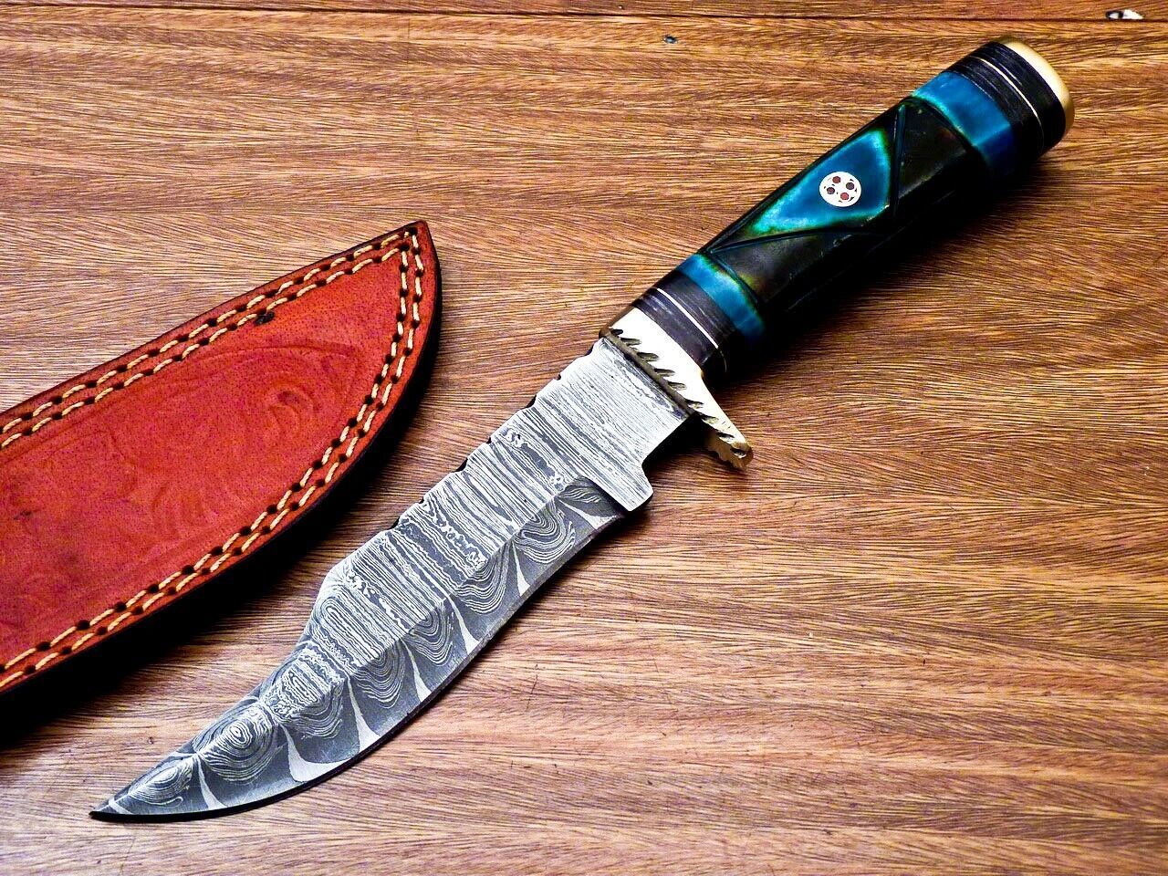 10" Handmade Damascus Steel Bowie Hunting Knife – Camel Bone & Hardwood Handle