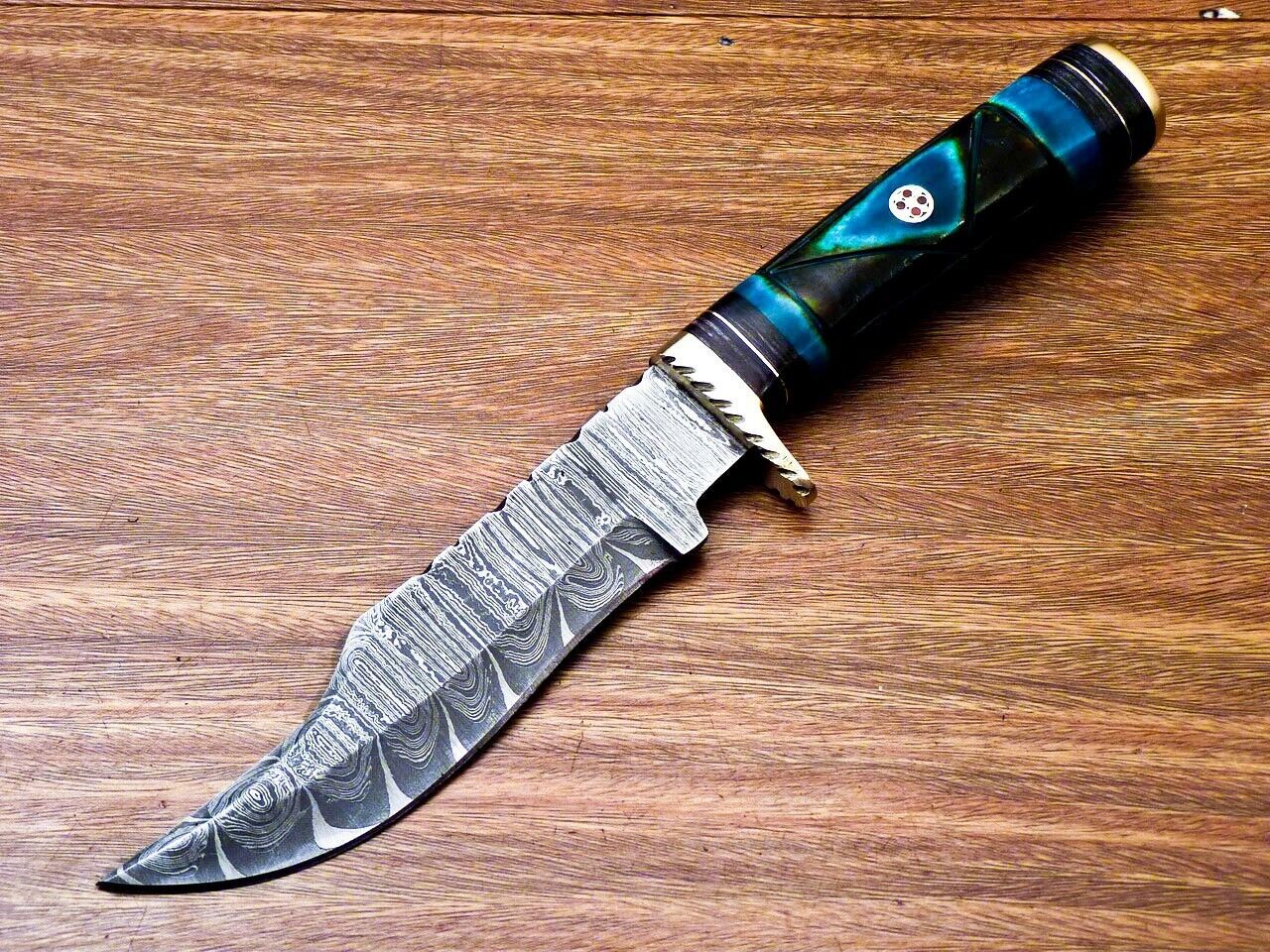 10" Handmade Damascus Steel Bowie Hunting Knife – Camel Bone & Hardwood Handle