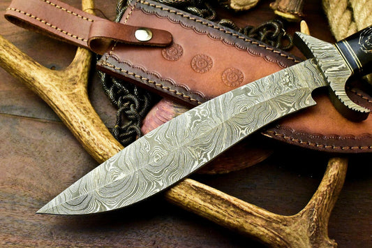 Damascus Hand Forged Custom Laser Etched Bowie Knife – Bull Horn Handle, 15.5" Hunting Knife