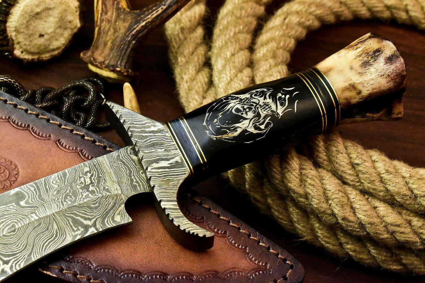 15.5" Hand Forged Bowie Damascus Steel Knife with Bull Horn Handle & Leather Sheath