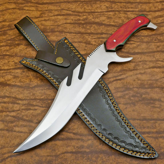 Hand Forged 12-Inch D2 Steel Clip Point Bowie Hunting Knife – Pakka Wood Handle & Sheath