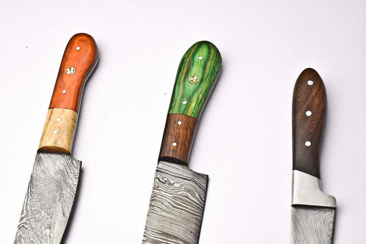 Lot of 3 Handmade Damascus Blade Kitchen Full Tang Chef Knives