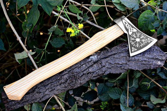 Hand Forged 1095 Carbon Steel Viking Tomahawk with Olive Wood Handle and Leather Sheath