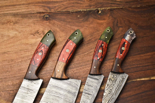 Lot of 4 Custom Handmade Hammered Damascus Steel Chef Knives – Professional Kitchen Knife Set