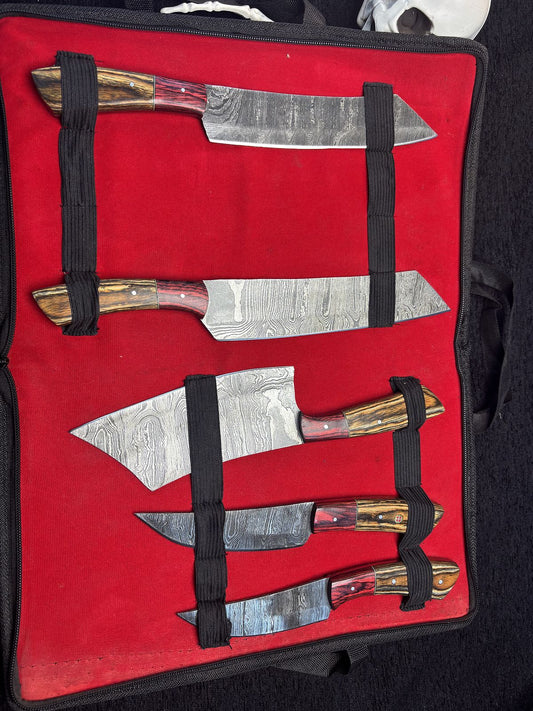 Handcrafted Twist Damascus Chef Knife Set – Lot of 5 Hardwood Handle with Wooden Bolster Outdoor Knives