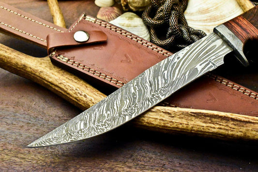 13" Damascus Bowie Knife | Walnut Wood Masterpiece
