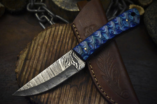 8" Twist Damascus Skinner Knife with Hard Wood Handle for Fishing and Veterans Gift