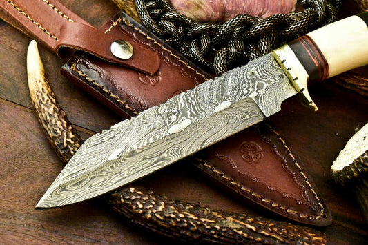 Handmade Damascus Steel Bowie Knife | Stained Camel Bone Handle