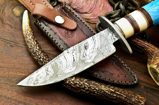 11" Handmade Damascus Bowie Hunting Knife | Stained Camel Bone Handle
