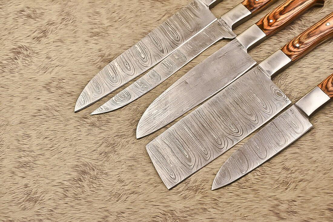 Hand-Forged Damascus Steel Chef & Hunting Knife Set, 5 Pieces, Hard Wood Handles, 8-Inch Blades, Steel Bolsters, Full Tang, Oil-Tempered 58-60 HRC