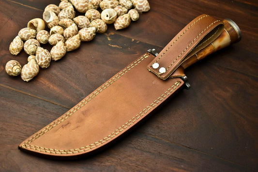 Damascus Steel Bowie Knife | Camel Bone Handle & Leather Sheath