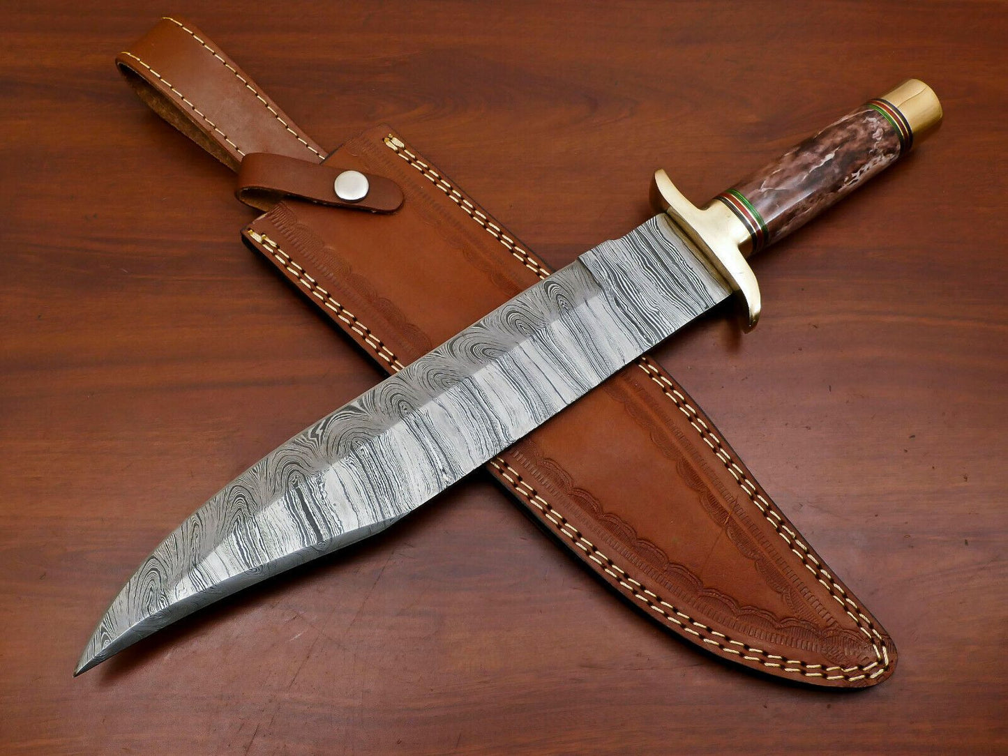 Heritage Forge Handmade Damascus Steel Fixed Blade Bowie Hunting Knife Wood Handle